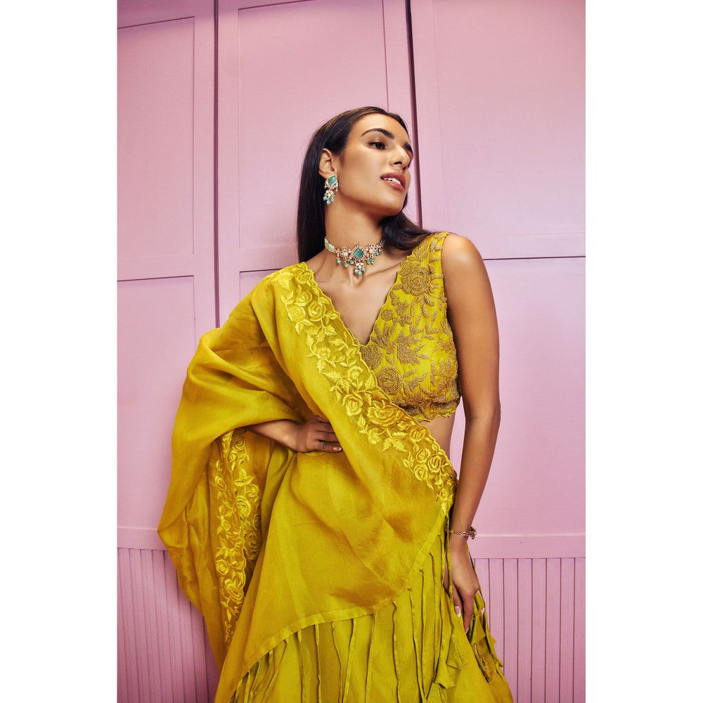 SAMMOHI BY MOKSHA & HIRAL Yellow Lehenga With Stitched Blouse And Dupatta (Set of 3)