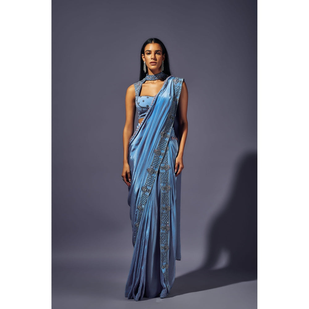 SAMMOHI BY MOKSHA & HIRAL Blue Hand Embroidered Pre Draped Saree with Stitched Blouse