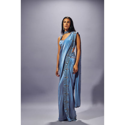 SAMMOHI BY MOKSHA & HIRAL Blue Hand Embroidered Pre Draped Saree with Stitched Blouse