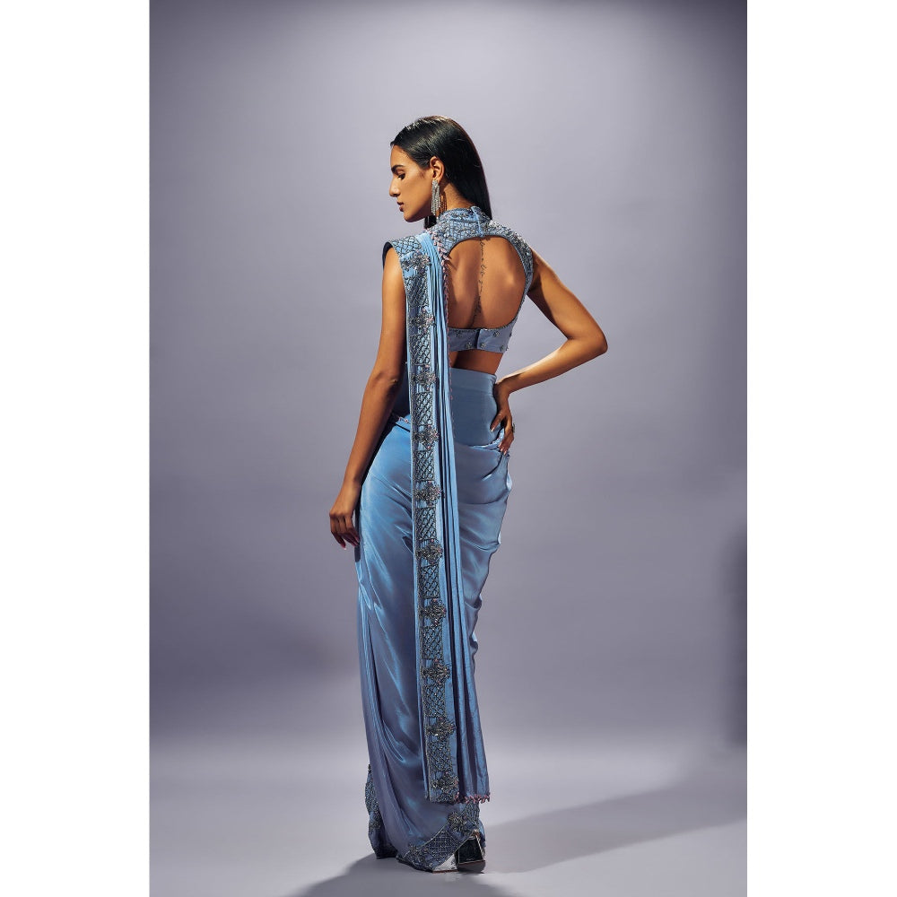 SAMMOHI BY MOKSHA & HIRAL Blue Hand Embroidered Pre Draped Saree with Stitched Blouse