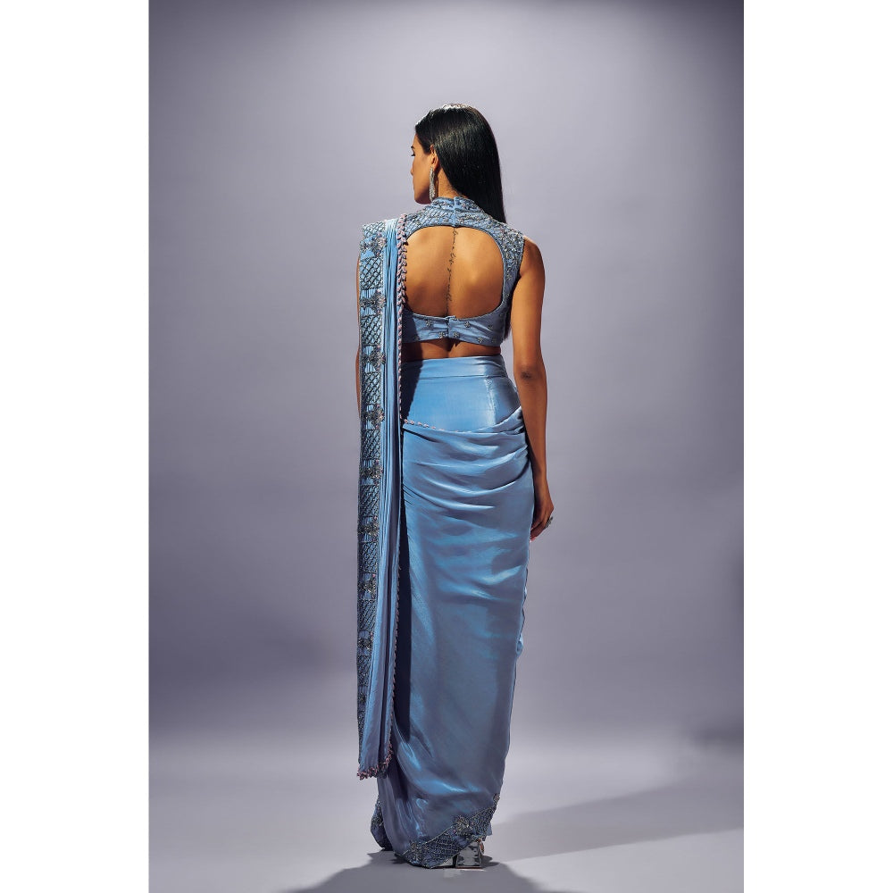 SAMMOHI BY MOKSHA & HIRAL Blue Hand Embroidered Pre Draped Saree with Stitched Blouse