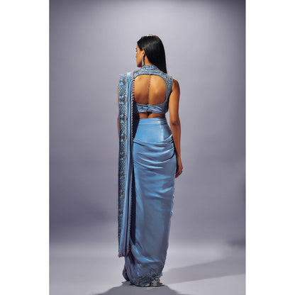 SAMMOHI BY MOKSHA & HIRAL Blue Hand Embroidered Pre Draped Saree with Stitched Blouse