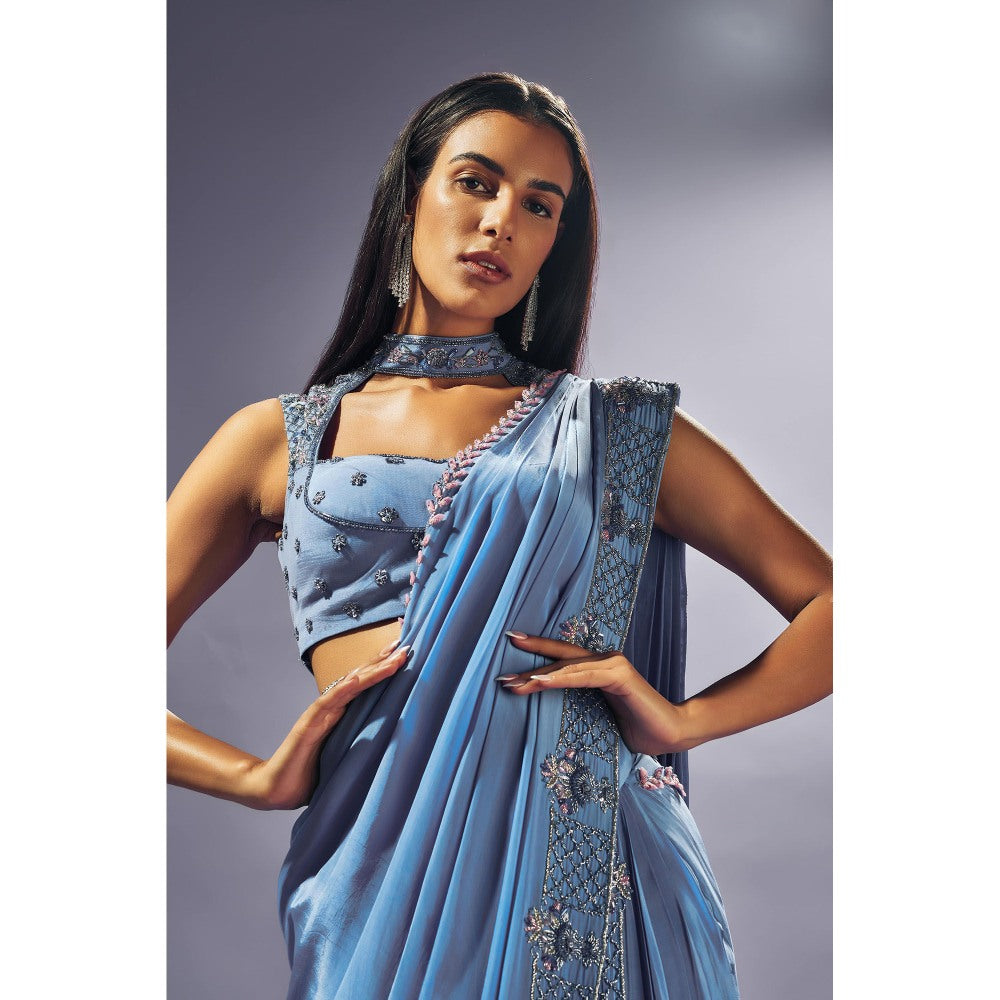 SAMMOHI BY MOKSHA & HIRAL Blue Hand Embroidered Pre Draped Saree with Stitched Blouse