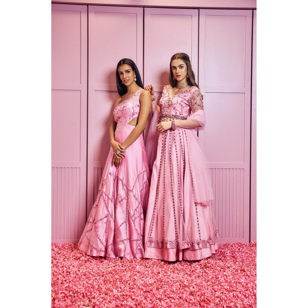 SAMMOHI BY MOKSHA & HIRAL Pink Embroidered One Shoulder Gown