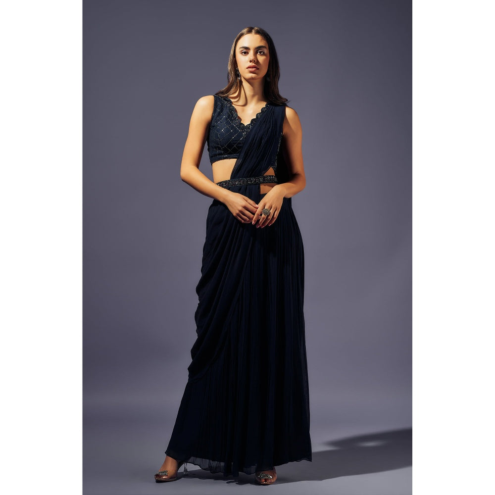 SAMMOHI BY MOKSHA & HIRAL Navy Blue Stitched Blouse With Palazzo And Drape And Belt (Set of 4)