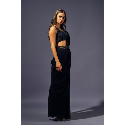 SAMMOHI BY MOKSHA & HIRAL Navy Blue Stitched Blouse With Palazzo And Drape And Belt (Set of 4)