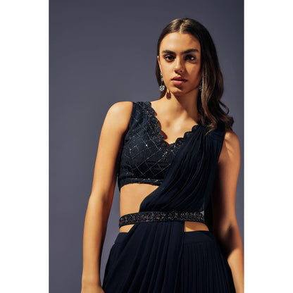 SAMMOHI BY MOKSHA & HIRAL Navy Blue Stitched Blouse With Palazzo And Drape And Belt (Set of 4)