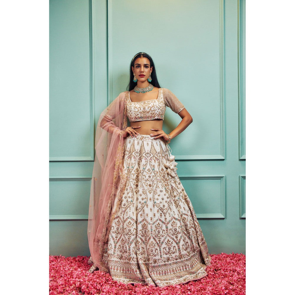 SAMMOHI BY MOKSHA & HIRAL Ivory Silk Lehenga With Stitched Blouse And Dupatta (Set of 3)