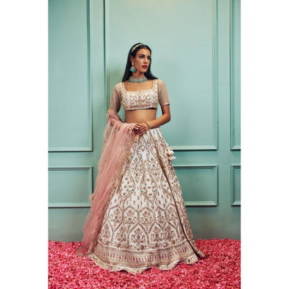 SAMMOHI BY MOKSHA & HIRAL Ivory Silk Lehenga With Stitched Blouse And Dupatta (Set of 3)