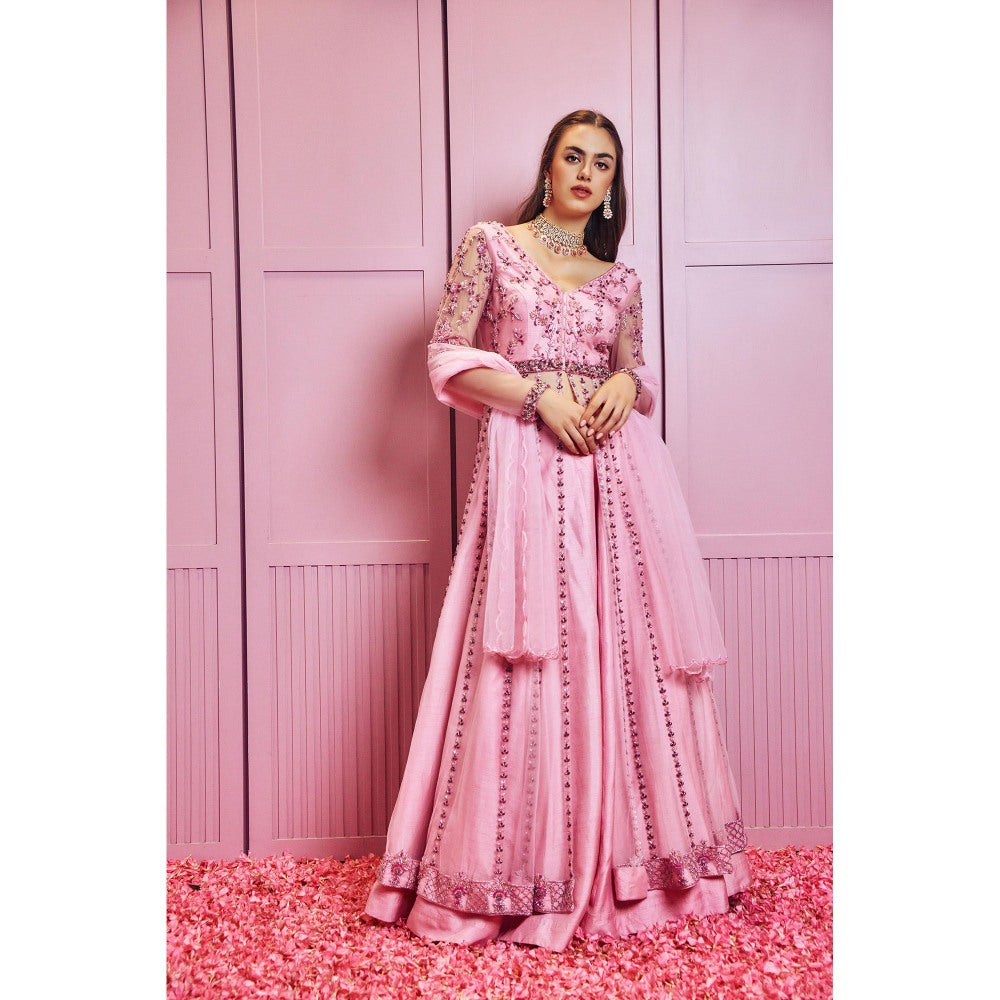 SAMMOHI BY MOKSHA & HIRAL Pink Embroidered Jacket With Lehenga And Dupatta (Set of 3)