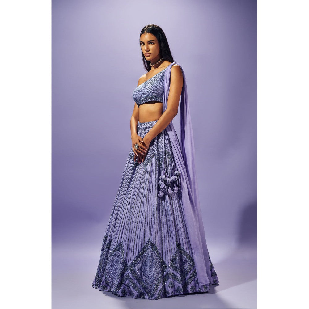 SAMMOHI BY MOKSHA & HIRAL Lavender Stitched Blouse With Attached Drape And Lehenga (Set of 2)