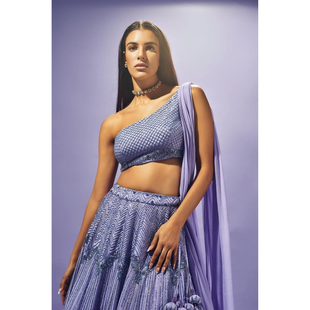 SAMMOHI BY MOKSHA & HIRAL Lavender Stitched Blouse With Attached Drape And Lehenga (Set of 2)