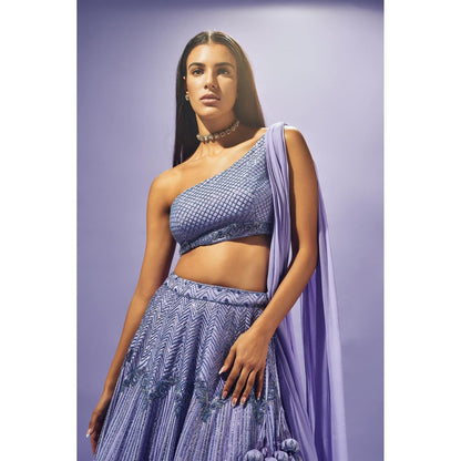 SAMMOHI BY MOKSHA & HIRAL Lavender Stitched Blouse With Attached Drape And Lehenga (Set of 2)