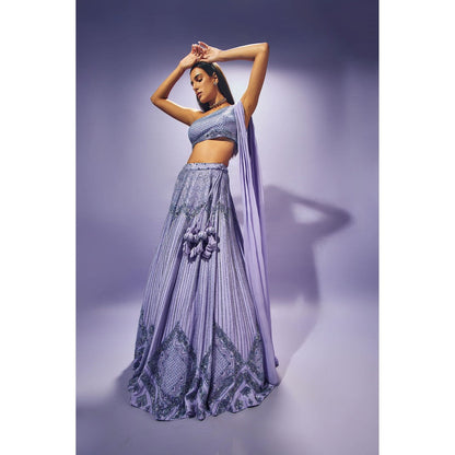 SAMMOHI BY MOKSHA & HIRAL Lavender Stitched Blouse With Attached Drape And Lehenga (Set of 2)