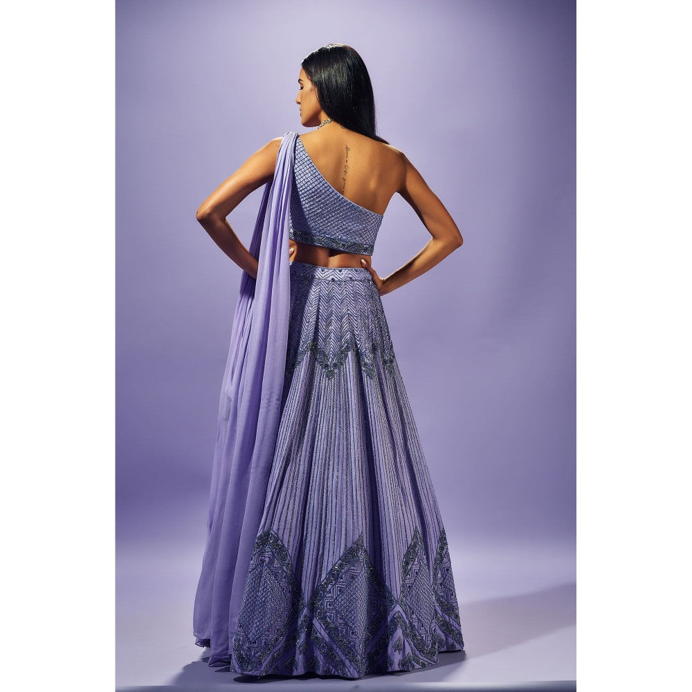 SAMMOHI BY MOKSHA & HIRAL Lavender Stitched Blouse With Attached Drape And Lehenga (Set of 2)