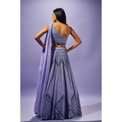SAMMOHI BY MOKSHA & HIRAL Lavender Stitched Blouse With Attached Drape And Lehenga (Set of 2)