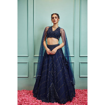 SAMMOHI BY MOKSHA & HIRAL Blue Embroidered Lehenga With Stitched Blouse And Dupatta (Set of 3)