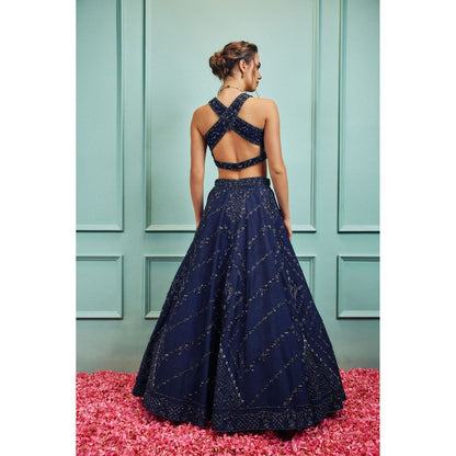 SAMMOHI BY MOKSHA & HIRAL Blue Embroidered Lehenga With Stitched Blouse And Dupatta (Set of 3)