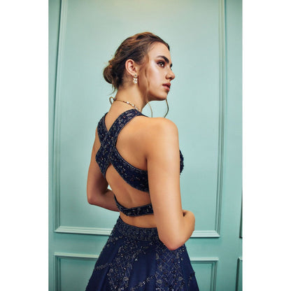 SAMMOHI BY MOKSHA & HIRAL Blue Embroidered Lehenga With Stitched Blouse And Dupatta (Set of 3)