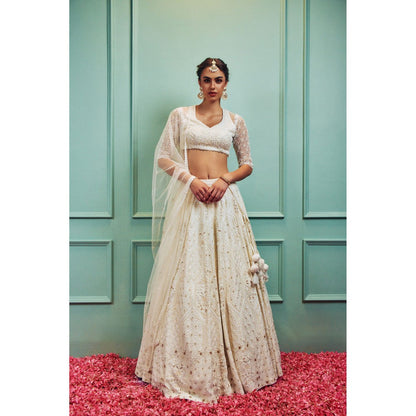SAMMOHI BY MOKSHA & HIRAL Ivory Embroidered Lehenga With Stitched Blouse And Dupatta (Set of 3)