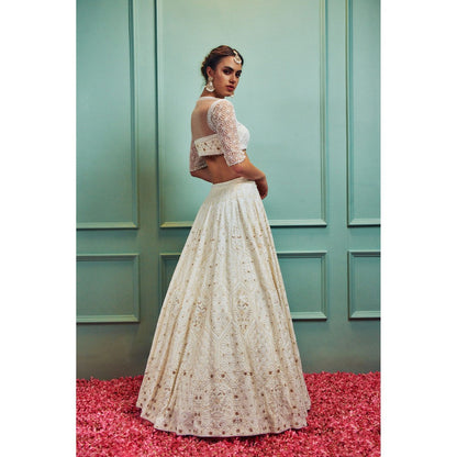 SAMMOHI BY MOKSHA & HIRAL Ivory Embroidered Lehenga With Stitched Blouse And Dupatta (Set of 3)
