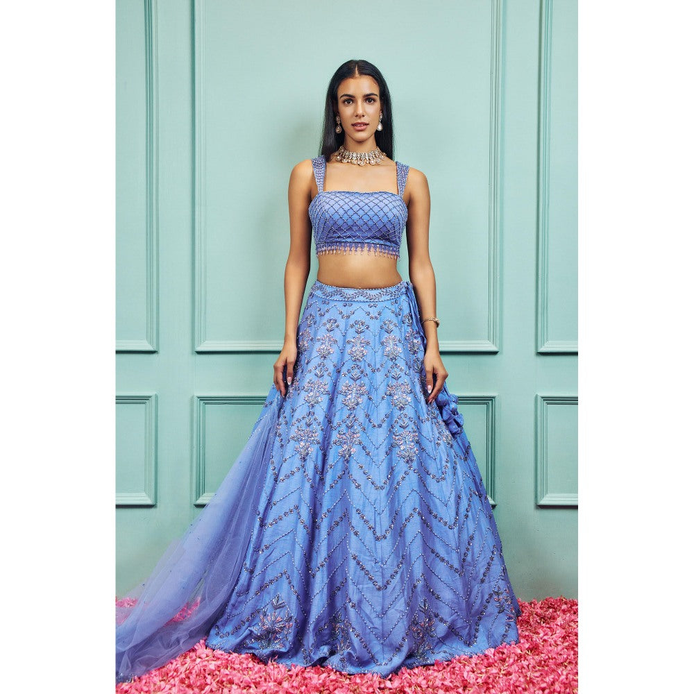 SAMMOHI BY MOKSHA & HIRAL Blue Embroidered Lehenga with Stitched Blouse and Dupatta (Set of 3)