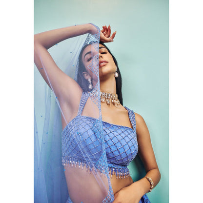 SAMMOHI BY MOKSHA & HIRAL Blue Embroidered Lehenga with Stitched Blouse and Dupatta (Set of 3)