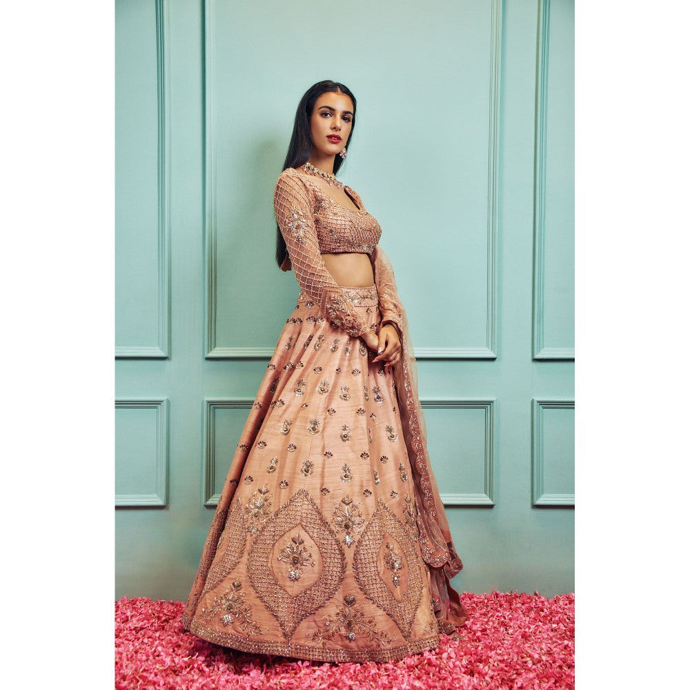 SAMMOHI BY MOKSHA & HIRAL Peach Embellished Lehenga with Stitched Blouse and Dupatta (Set of 3)
