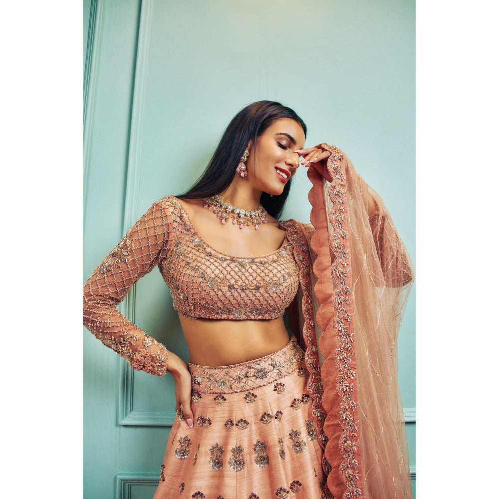 SAMMOHI BY MOKSHA & HIRAL Peach Embellished Lehenga with Stitched Blouse and Dupatta (Set of 3)