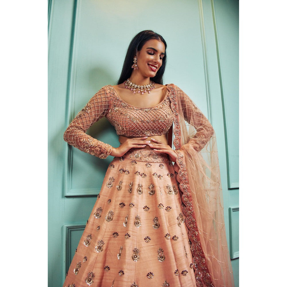 SAMMOHI BY MOKSHA & HIRAL Peach Embellished Lehenga with Stitched Blouse and Dupatta (Set of 3)