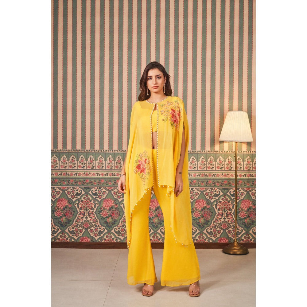SAMMOHI BY MOKSHA & HIRAL Yellow Hand Embroidery Cape with Blouse and Flared Pant (Set of 3)