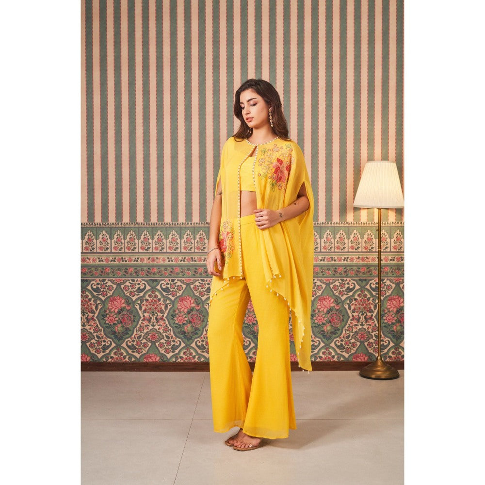 SAMMOHI BY MOKSHA & HIRAL Yellow Hand Embroidery Cape with Blouse and Flared Pant (Set of 3)
