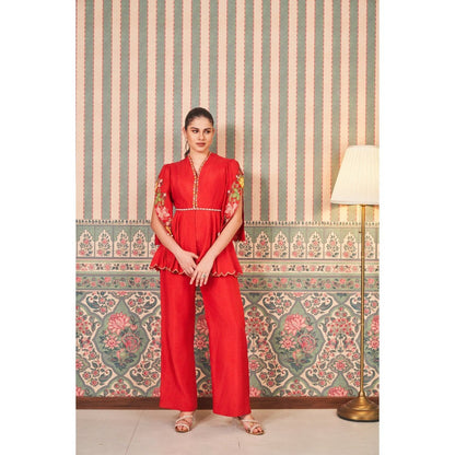 SAMMOHI BY MOKSHA & HIRAL Red Hand Embellishments Co-Ord (Set of 2)