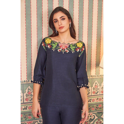 SAMMOHI BY MOKSHA & HIRAL Navy Blue Applique Hand Embellishments Co-Ord (Set of 2)