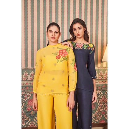 SAMMOHI BY MOKSHA & HIRAL Navy Blue Applique Hand Embellishments Co-Ord (Set of 2)