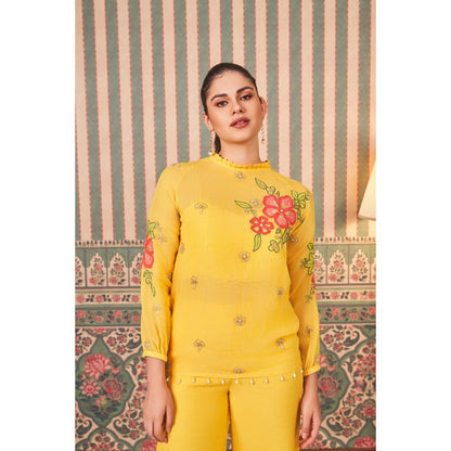 SAMMOHI BY MOKSHA & HIRAL Yellow Applique Hand Embroidery Co-Ord (Set of 2)