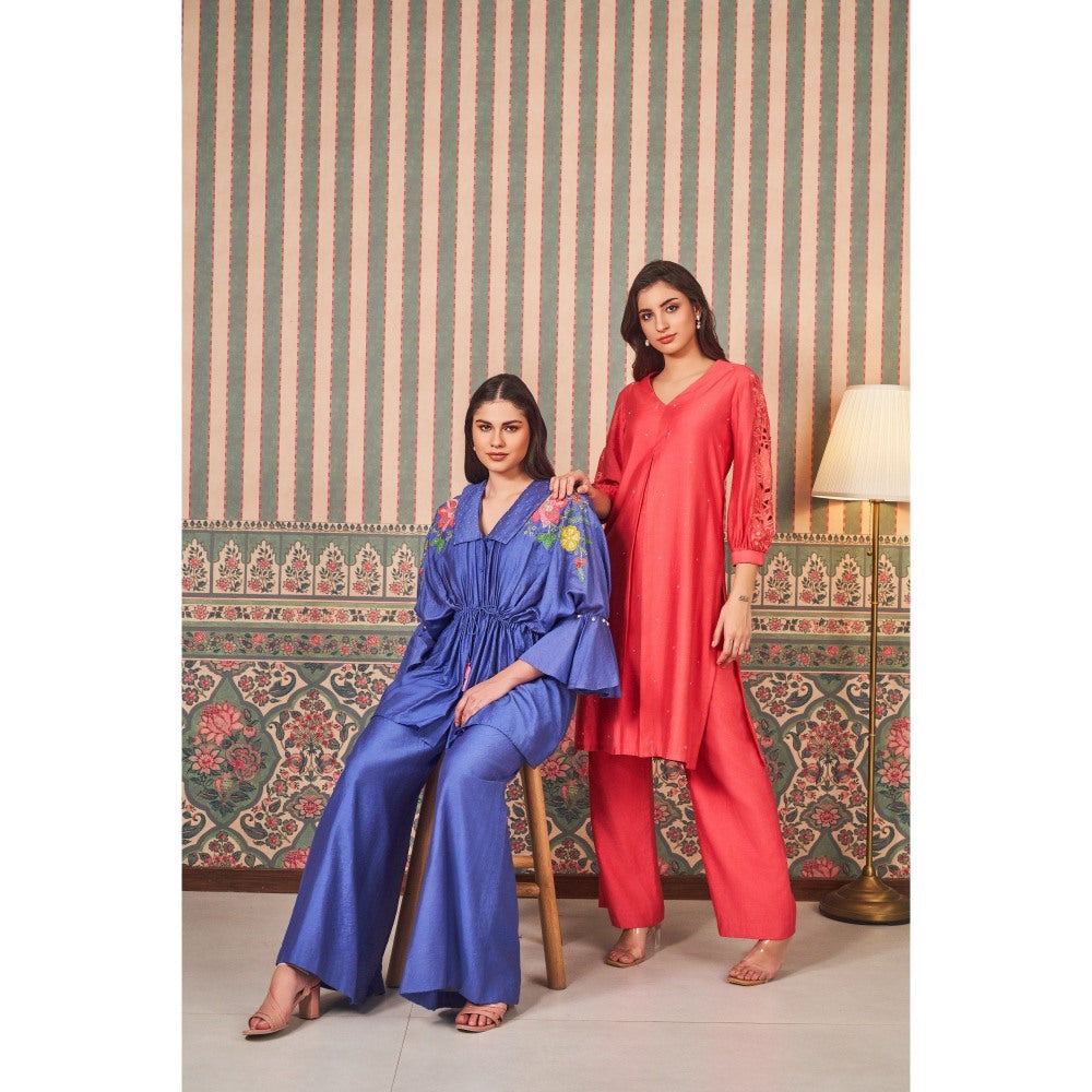 SAMMOHI BY MOKSHA & HIRAL Blue Floral Peplum Top with Inner and Palazzo (Set of 3)