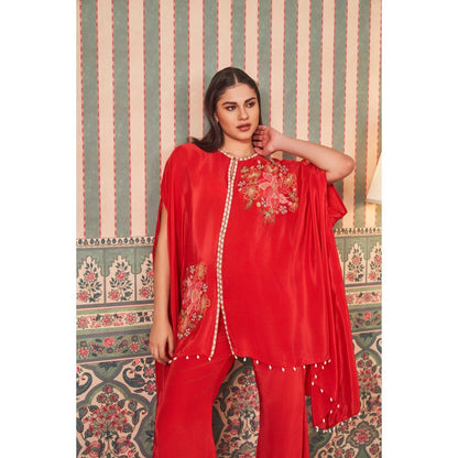 SAMMOHI BY MOKSHA & HIRAL Red Elegant Hand Appliqued Flowers Cape Top with Pant (Set of 2)