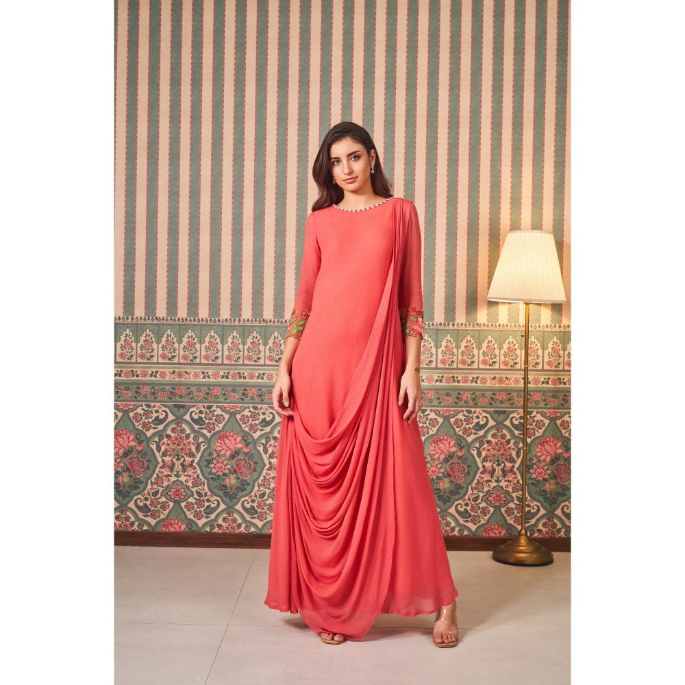 SAMMOHI BY MOKSHA & HIRAL Draped Gown In Coral with Hand Embellishments On Shoulder