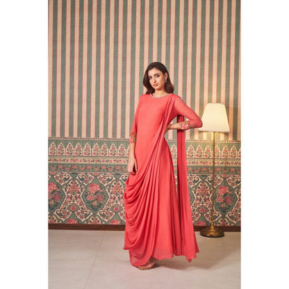 SAMMOHI BY MOKSHA & HIRAL Draped Gown In Coral with Hand Embellishments On Shoulder