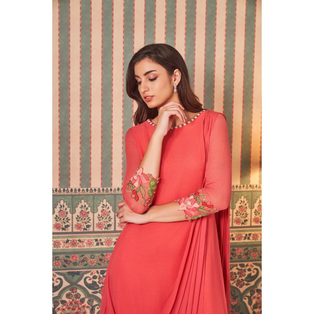 SAMMOHI BY MOKSHA & HIRAL Draped Gown In Coral with Hand Embellishments On Shoulder