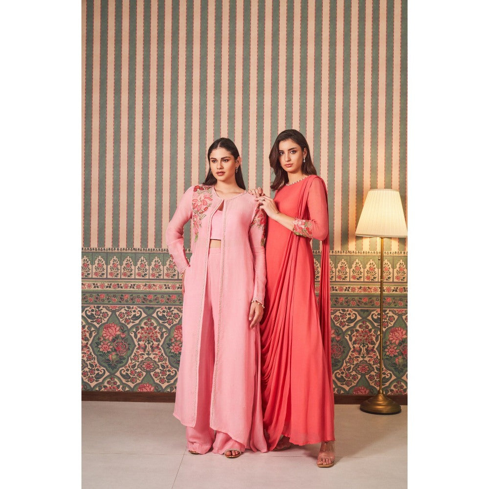 SAMMOHI BY MOKSHA & HIRAL Draped Gown In Coral with Hand Embellishments On Shoulder