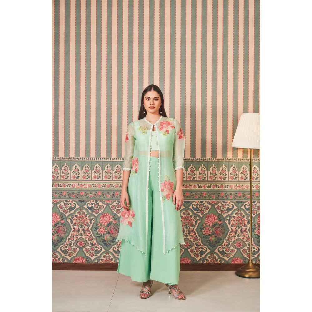 SAMMOHI BY MOKSHA & HIRAL Green Bralette with Jacket and Palazzo (Set of 3)