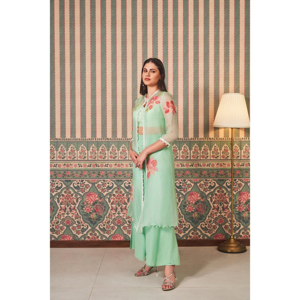 SAMMOHI BY MOKSHA & HIRAL Green Bralette with Jacket and Palazzo (Set of 3)