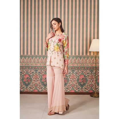 SAMMOHI BY MOKSHA & HIRAL Pink Floral Top with Sharara (Set of 2)