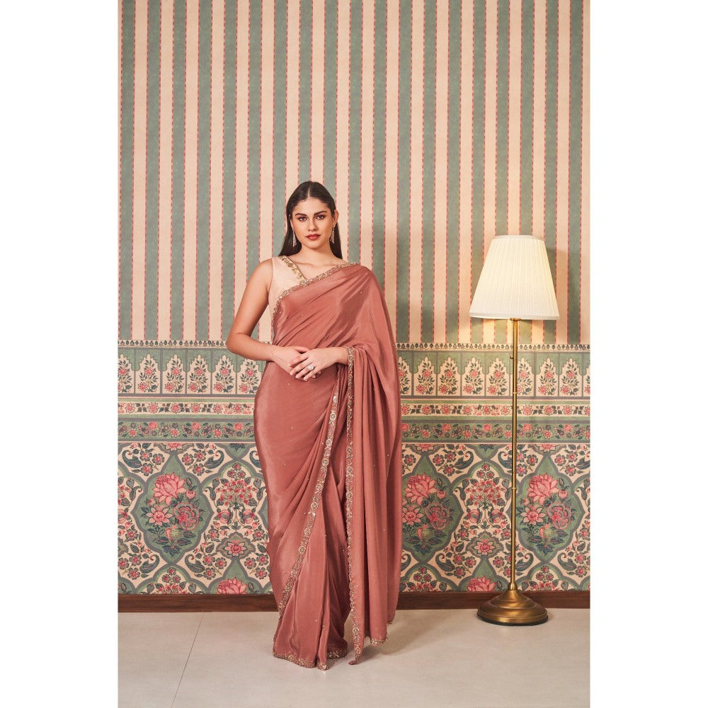 SAMMOHI BY MOKSHA & HIRAL Brown Border Hand Embellished Saree with Stitched Blouse