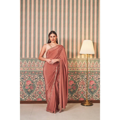 SAMMOHI BY MOKSHA & HIRAL Brown Border Hand Embellished Saree with Stitched Blouse