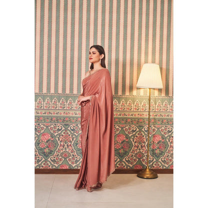 SAMMOHI BY MOKSHA & HIRAL Brown Border Hand Embellished Saree with Stitched Blouse