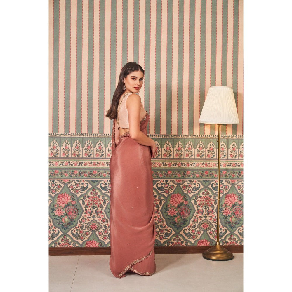 SAMMOHI BY MOKSHA & HIRAL Brown Border Hand Embellished Saree with Stitched Blouse