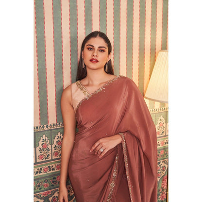 SAMMOHI BY MOKSHA & HIRAL Brown Border Hand Embellished Saree with Stitched Blouse